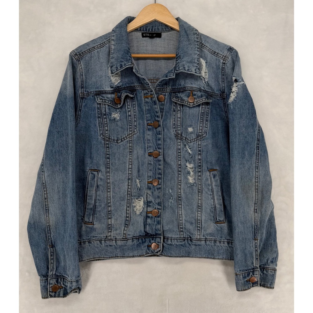 STS Blue Distressed Denim Jacket Medium Wash Cotton XS Distressed Jean Jacket